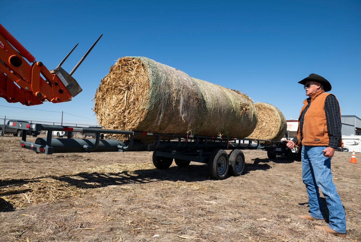 Don Gourd watches hay be loaded onto his trailer to take to neighbors affected by the Smokehouse Fire Friday, March. 1, 2024, in Borger, Texas.