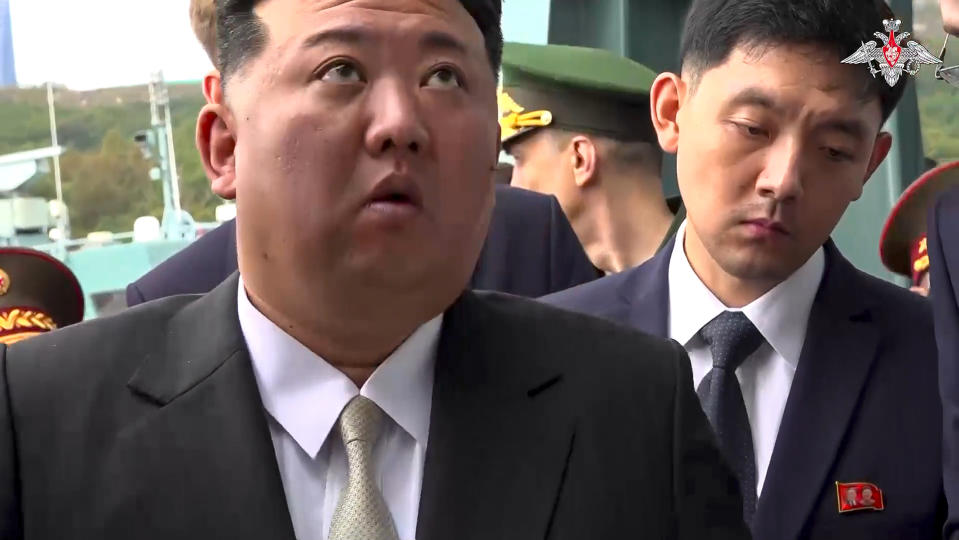 In this photo taken from video released by Russian Defense Ministry Press Service on Saturday, Sept. 16, 2023, North Korea's leader Kim Jong Un visits the Admiral Shaposhnikov frigate of the Russian navy in the port of Vladivostok, Russian Far East. The visit was part of Kim's trip across Russia's Far East that has featured talks with Russian President Vlaidmir Putin and sparked Western concerns about an arms deal between the two old allies. (Russian Defense Ministry Press Service via AP)