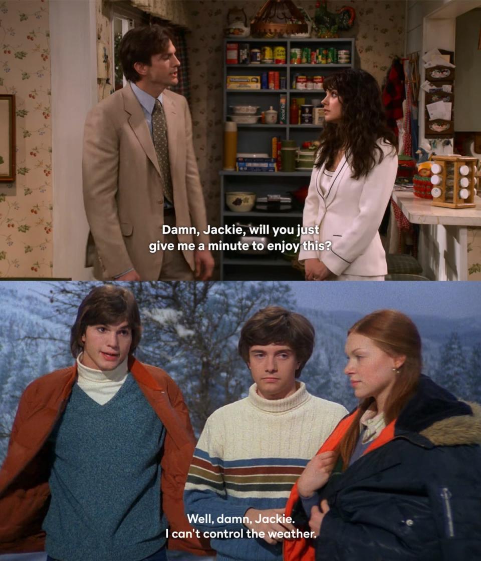 In the top photo: Ashton Kutcher and Mila Kunis on season one of "That '90s Show." In the bottom photo: Kutcher, Topher Grace, and Laura Prepon on season three of "That '70s Show."