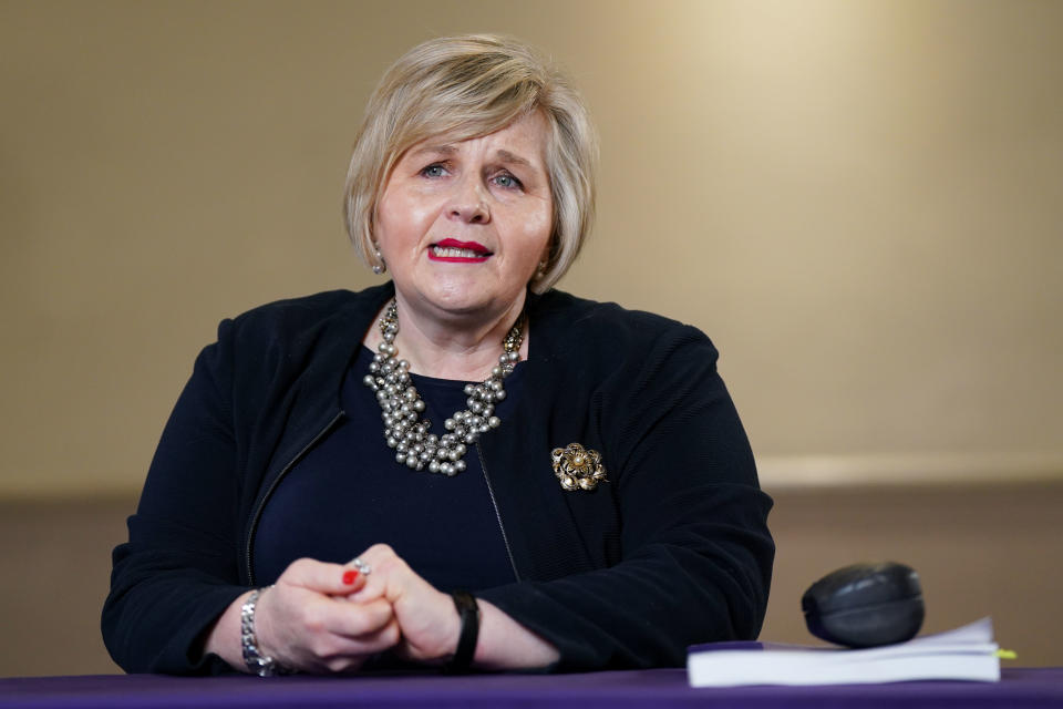 Donna Ockenden, chair of the Independent Review into Maternity Services at the Shrewsbury and Telford Hospital NHS Trust, presents the final report at The Mercure Shrewsbury Albrighton Hotel, Shropshire. The Ockenden report has looked at 1,862 cases within the maternity unit at Shrewsbury and Telford NHS Trust, with most of the incidents taking place between 2000 and 2019. Picture date: Wednesday March 30, 2022. (Photo by Jacob King/PA Images via Getty Images)