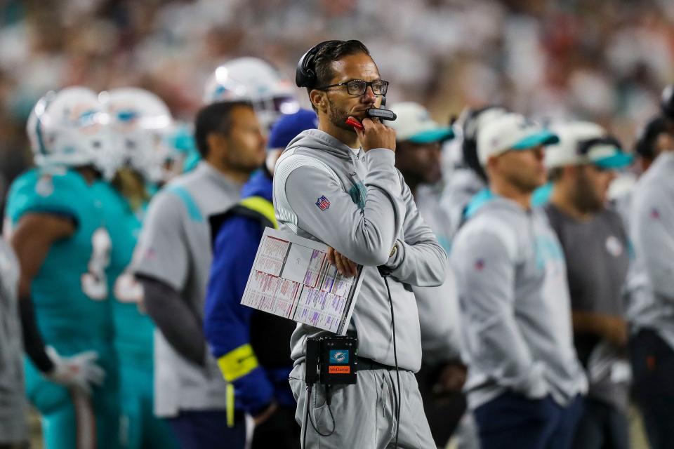 Sep 29, 2022; Cincinnati, Ohio, USA; Miami Dolphins head coach Mike McDaniel looks on during the second half against the Cincinnati Bengals at Paycor Stadium. Mandatory Credit: Katie Stratman-USA TODAY Sports