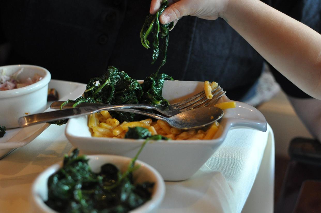 Kid's Mac & Cheese with a side of spinach