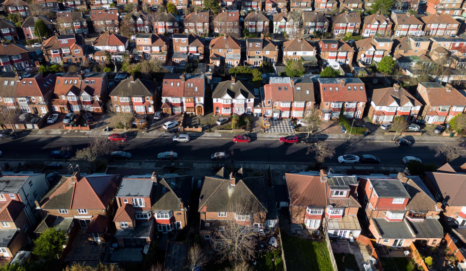 Aerial view of London streets and housing mortgage rates