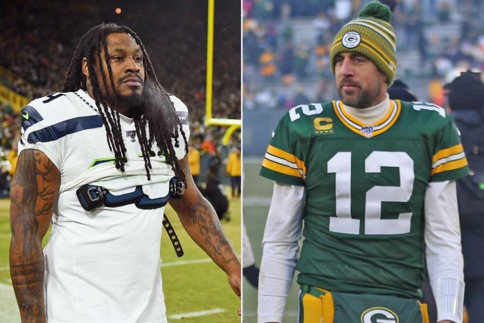 Marshawn Lynch and Aaron Rodgers | Stacy Revere/Getty; y Larry Radloff/Icon Sportswire via Getty