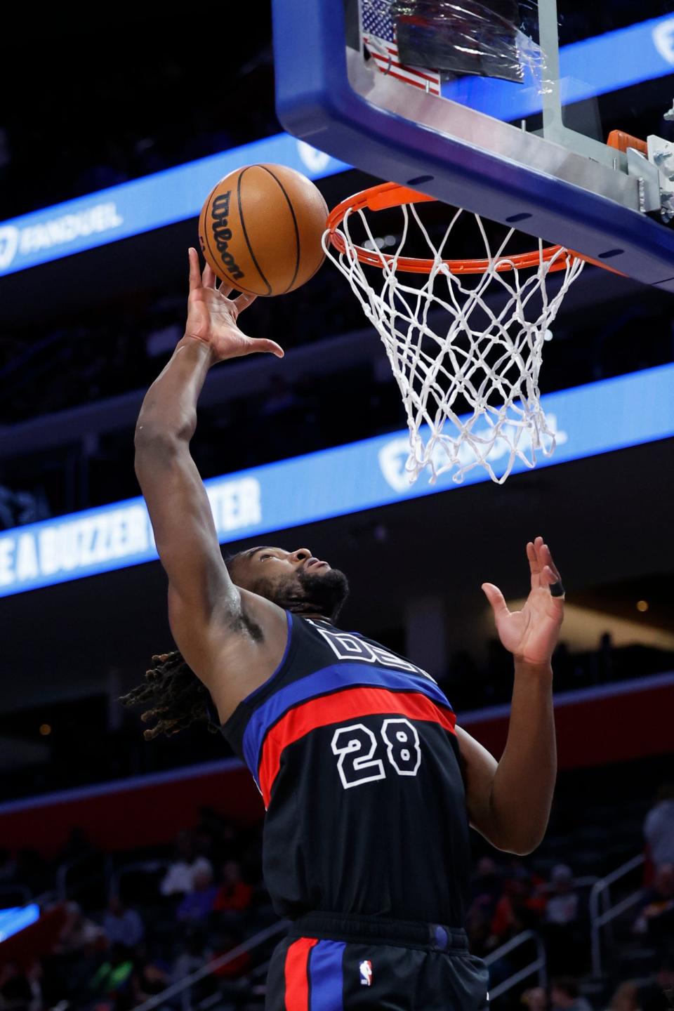 Pistons center Isaiah Stewart grabs the rebound in the first half vs. the Spurs on Friday, Feb. 10, 2023, at Little Caesars Arena.