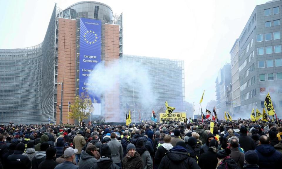 Belgian police use teargas on the protesters in Brussels.