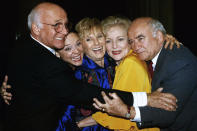 FILE - Former cast members of the Mary Tyler Moore Show, sans Mary Tyler Moore, are reunited for the Museum of Television and Radio's 9th annual Television Festival in Los Angeles on March 21, 1992. From left are Gavin MacLeod, Valerie Harper, Cloris Leachman, Betty White and Ed Asner. Leachman, a character actor whose depth of talent brought her an Oscar for the "The Last Picture Show" and Emmys for her comedic work in "The Mary Tyler Moore Show" and other TV series, has died. She was 94. (AP Photo/Craig Fujii, File)