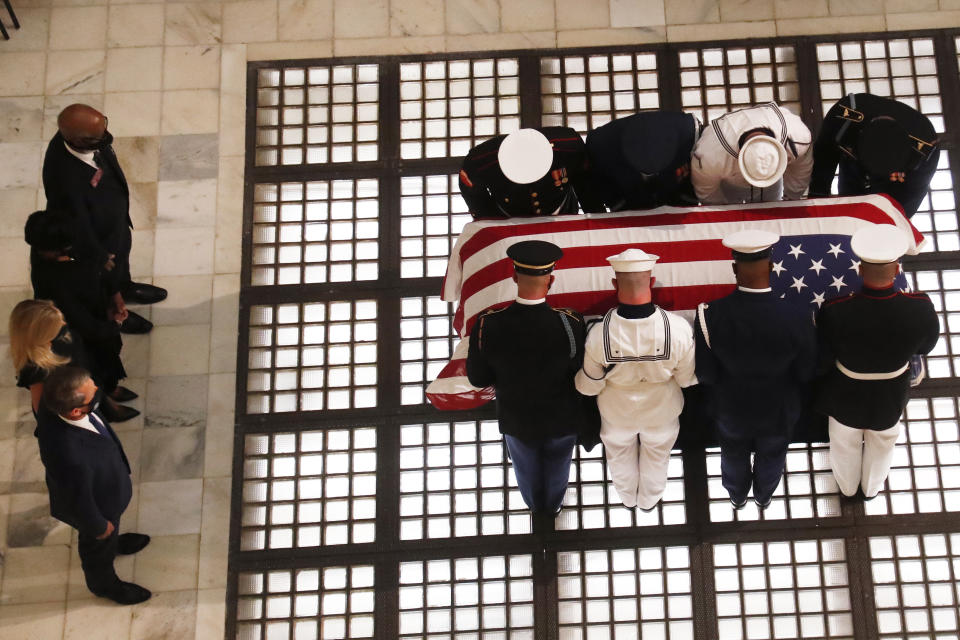 A military honor guard moves with the casket of Rep. John Lewis at the state capital, Wednesday, July 29, 2020, in Atlanta. Lewis, who carried the struggle against racial discrimination from Southern battlegrounds of the 1960s to the halls of Congress, died Friday, July 17, 2020. (AP Photo/John Bazemore, Pool)