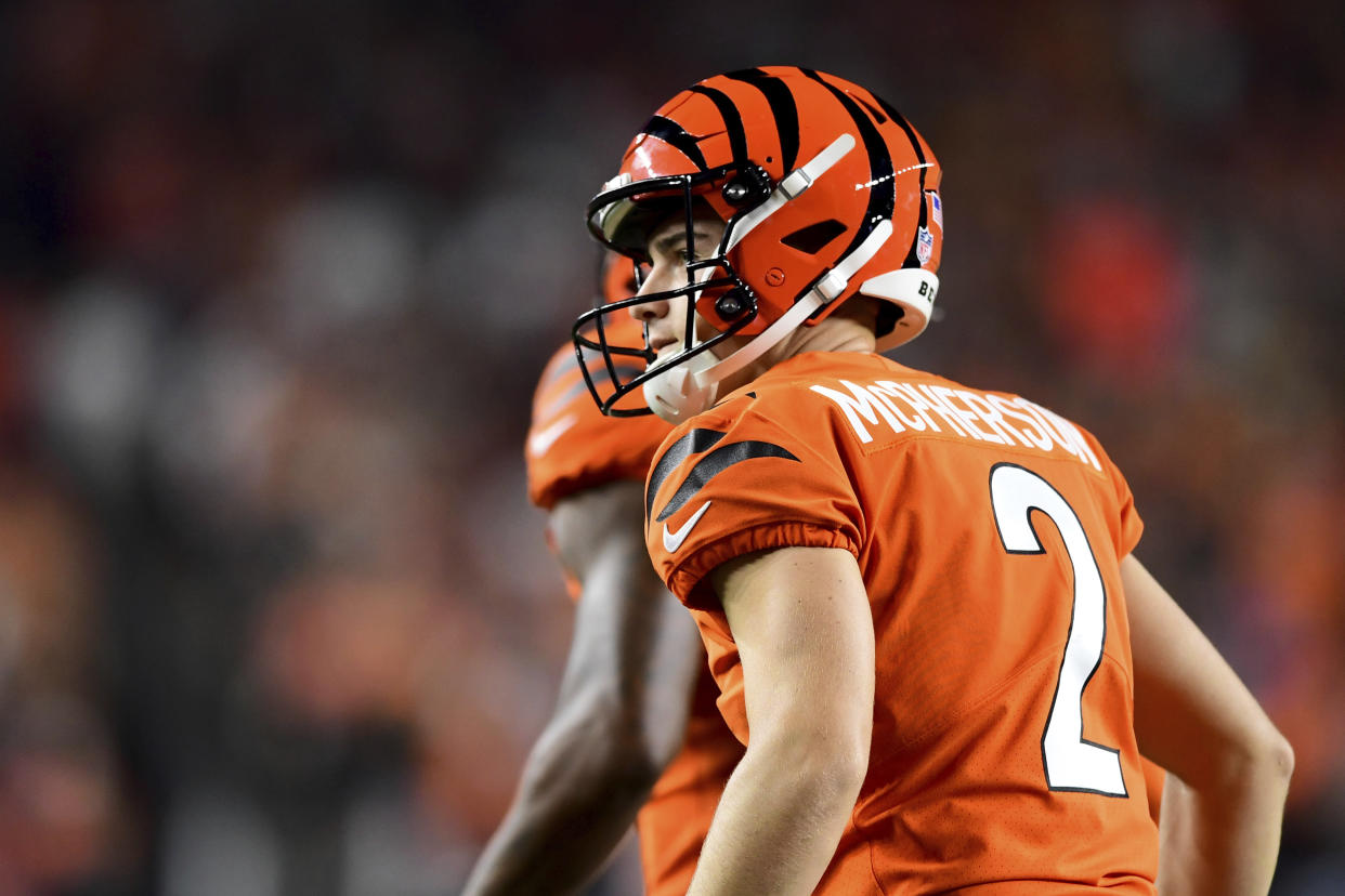 Cincinnati Bengals kicker Evan McPherson (2) thought he made the game-winning kick on Sunday. (AP Photo/Emilee Chinn)