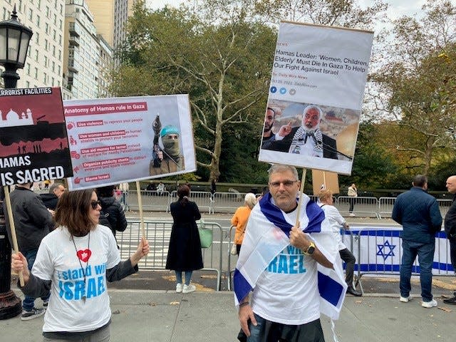 Michael Ronen of Tenafly, right, turned out in Columbus Circle on Sunday, Nov. 5, 2023 to show support for the Israeli hostages being held by Hamas.