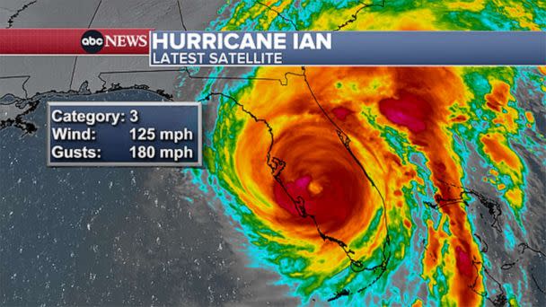 PHOTO: Hurricane Ian is downgraded to a Category 3 storm in a satellite image graphic released at 7pm, Sept. 28, 2022. (ABC News)