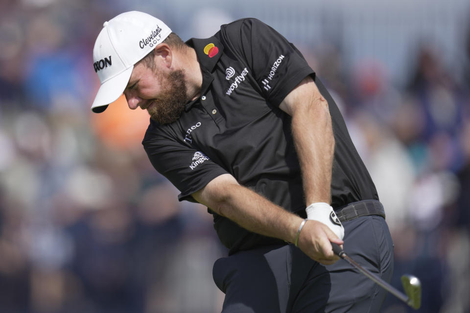 Ireland's Shane Lowry hits his tee shot from the 4th on the first day of the British Open Golf Championships at the Royal Liverpool Golf Club in Hoylake, England, Thursday, July 20, 2023. (AP Photo/Kin Cheung)