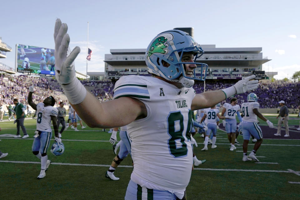 Tulane tight end Will Wallace (84) celebrates after an NCAA college football game against Kansas State Saturday, Sept. 17, 2022, in Manhattan, Kan. Tulane won 17-10. (AP Photo/Charlie Riedel)