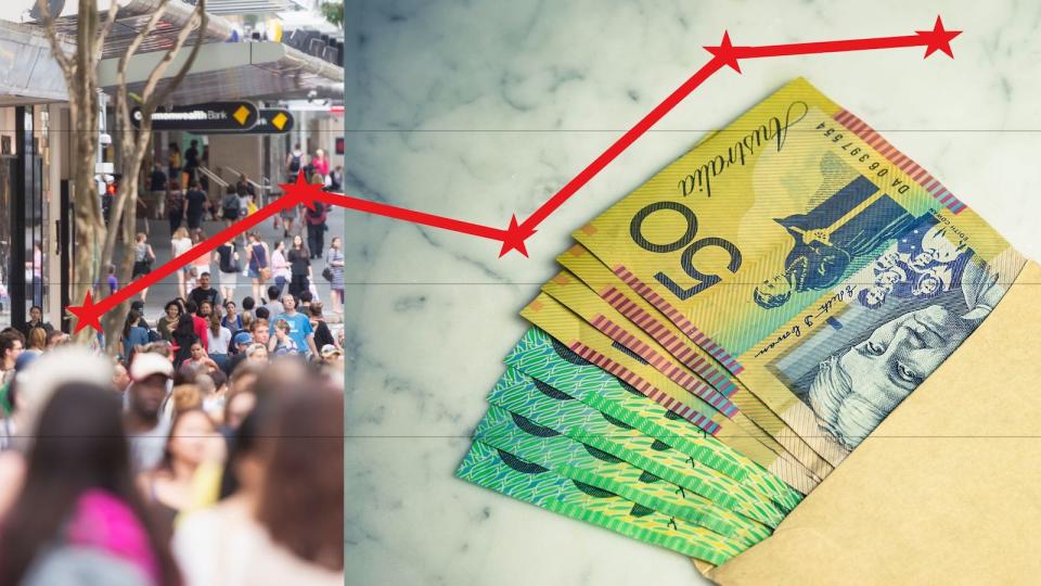 Compilation image of people shopping in Brisbane and cash with an arrow over the top to represent savings