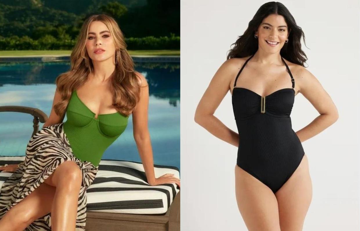 sofia vergara wearing a green one piece swimsuit by a pool next to a model wearing a black one piece swimsuit.
