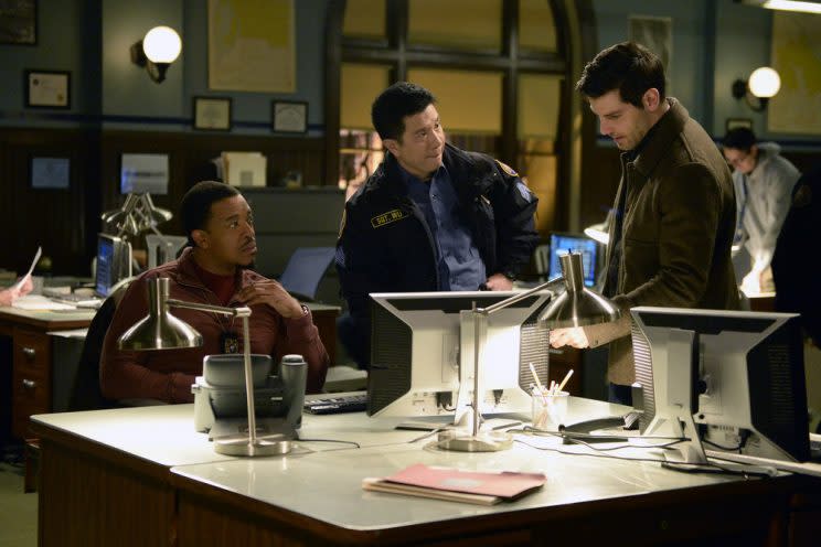 Russell Hornsby as Hank Griffin, Reggie Lee as Sergeant Wu and David Giuntoli as Nick Burkhardt (Credit: Allyson Riggs/NBC)