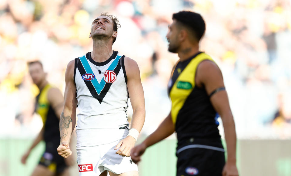 MELBOURNE, AUSTRALIA - MARCH 24: Jeremy Finlayson of the Power celebrates a goal during the 2024 AFL Round 02 match between the Richmond Tigers and the Port Adelaide Power at the Melbourne Cricket Ground on March 24, 2024 in Melbourne, Australia. (Photo by Michael Willson/AFL Photos via Getty Images)