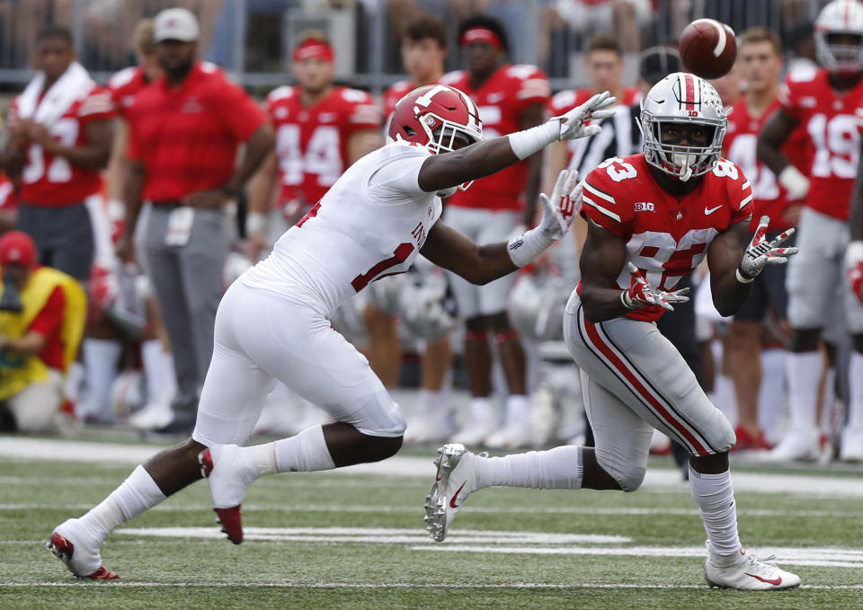 Ohio State receiver Terry McLaurin, right, catches a pass as Indiana defensive back Andre Brown defends during the first half of an NCAA college football game Saturday, Oct. 6, 2018, in Columbus, Ohio. (AP Photo/Jay LaPrete)