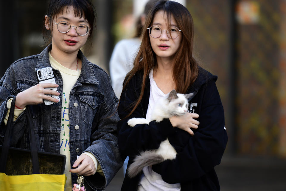 A resident is seen with her cat outside the Mascot Towers building in Mascot, Sydney, Saturday, June 15, 2019. Residents of the high-rise in Mascot, in Sydney's inner-south, have been evacuated as a precaution after cracks were discovered in the building.(AAP Image/Bianca De Marchi) 