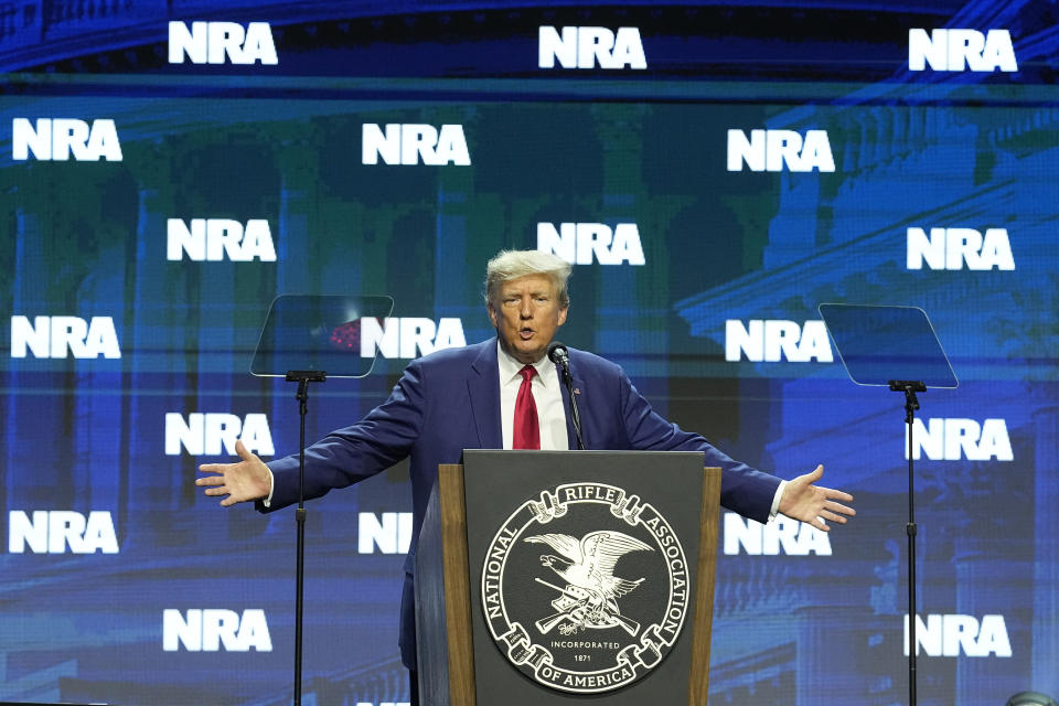 Former President Donald Trump speaks during the National Rifle Association Convention, Friday, April 14, 2023, in Indianapolis. (AP Photo/Darron Cummings)