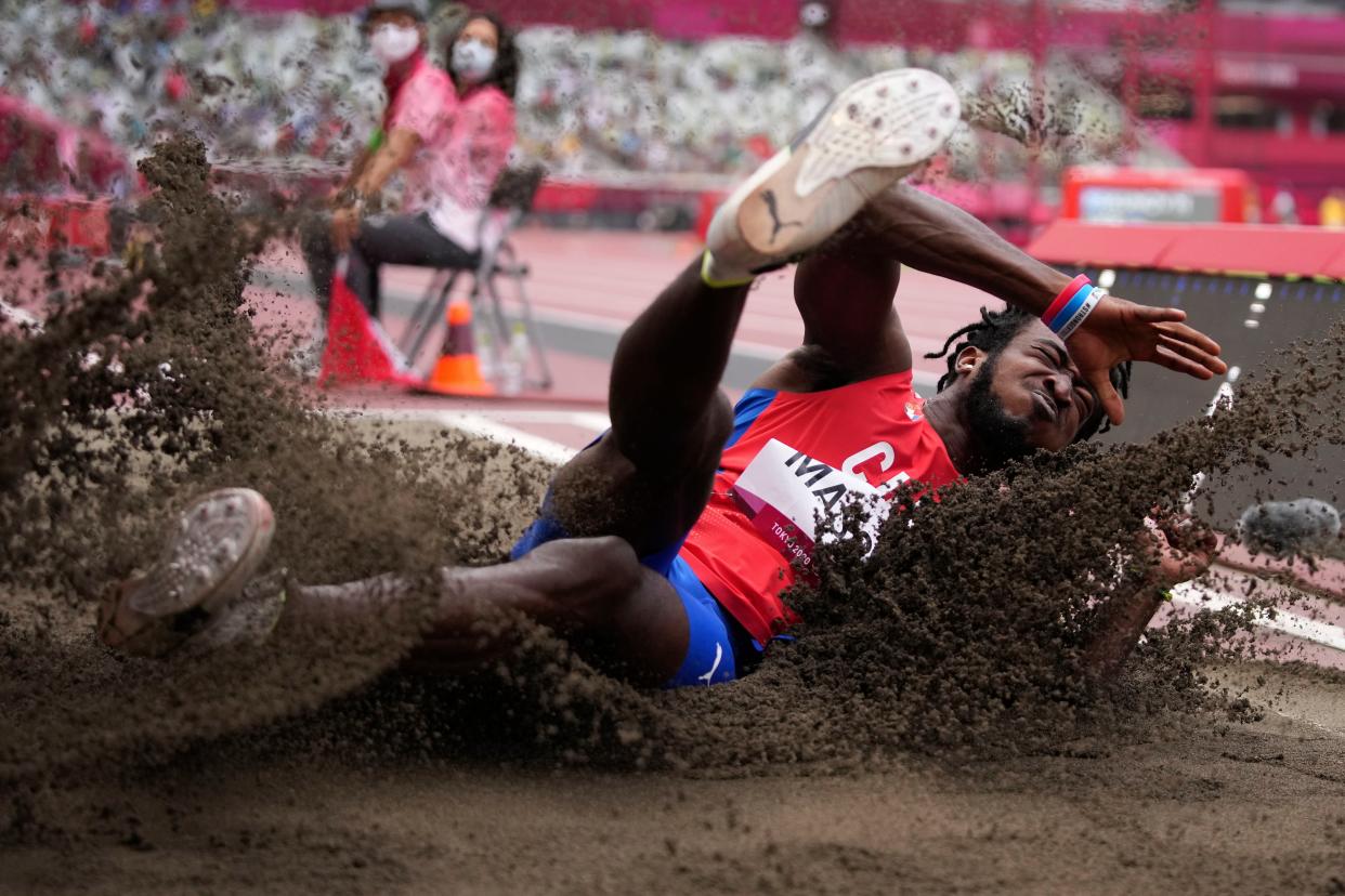 Maykel Masso, of Cuba, competes in men's long jump final at the 2020 Summer Olympics, Monday, Aug. 2, 2021, in Tokyo.