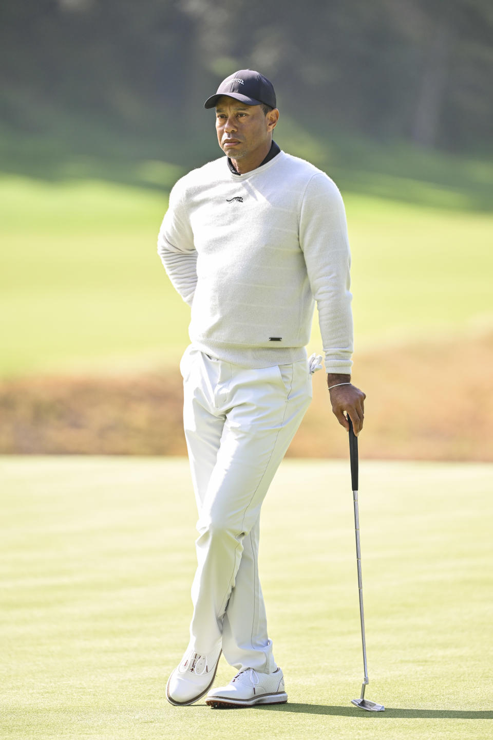 PACIFIC PALISADES, CALIFORNIA - FEBRUARY 15:  Tiger Woods waits to putt on the eighth hole green during the first round of The Genesis Invitational at Riviera Country Club on February 15, 2024 in Pacific Palisades, California. (Photo by Ben Jared/PGA TOUR via Getty Images)