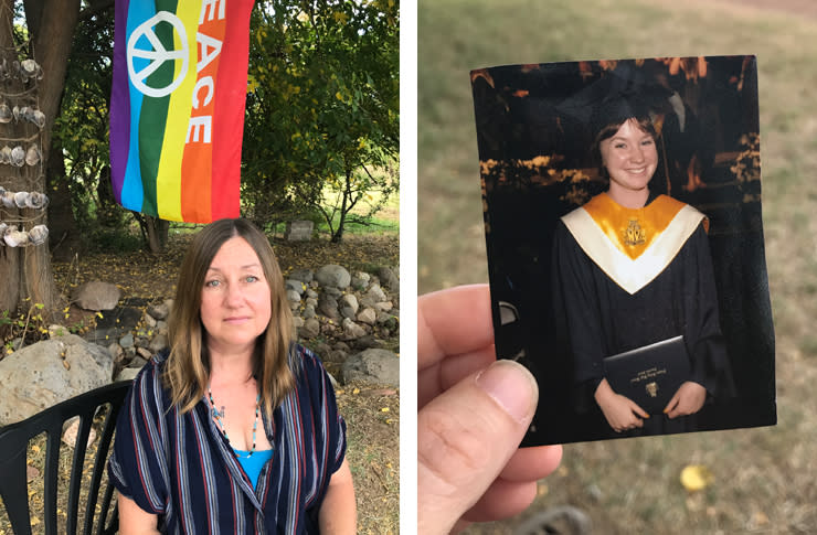 Diane Keller, left, and a photo of her daughter Toni, who was murdered in 2010. (Photo: Beth Greenfield for Yahoo Lifestyle)