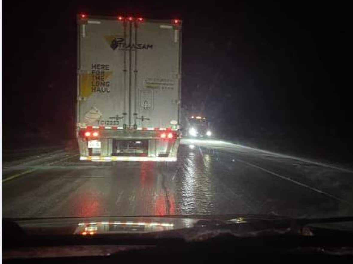 Highway 1 was closed in both directions out of Swift Current, Sask., Tuesday morning. It was reopened later in the morning, but travel was still not recommended. (Brittany Weins/Facebook - image credit)