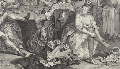 <span class="caption">Stays were imbued with symbolic meaning in the 18th century. Detail from A Rake's Progress by William Hogarth (1735).</span> <span class="attribution"><a class="link " href="https://findit.library.yale.edu/catalog/digcoll:2807167" rel="nofollow noopener" target="_blank" data-ylk="slk:The Lewis Walpole Library;elm:context_link;itc:0;sec:content-canvas">The Lewis Walpole Library </a></span>