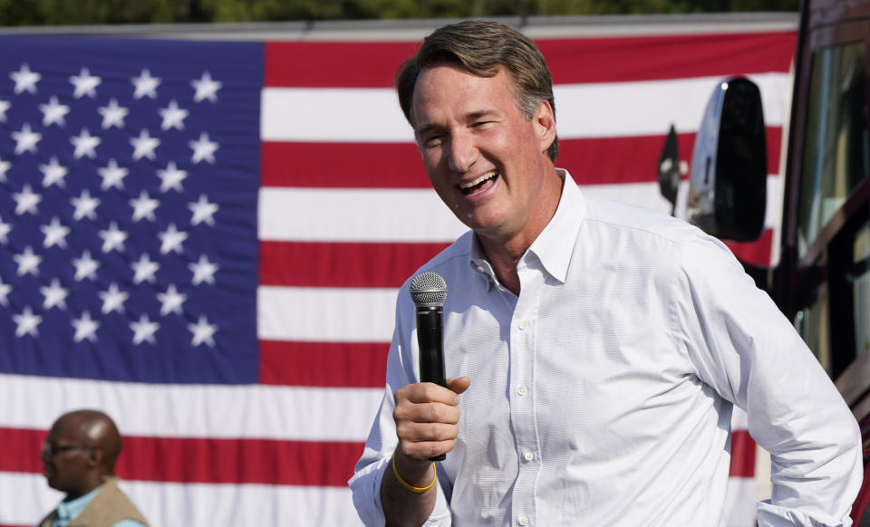 FILE - Virginia Gov. Glenn Youngkin addresses the crowd during an early voting rally, Sept. 21, 2023, in Petersburg, Va. Youngkin had made clear his expectations for last week's closely watched legislative elections were a GOP majority in the House and Senate. Instead, Democrats have taken both. (AP Photo/Steve Helber, File)