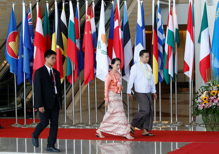 Myanmar State Counselor Aung San Suu Kyi attends the 13th Asia Europe Foreign Ministers Meeting (ASEM) in Naypyitaw, Myanmar, November 20, 2017. REUTERS/Stringer