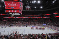 Florida Panthers players celebrate after they beat the Tampa Bay Lightning 6-1, during Game 5 of the first-round of an NHL Stanley Cup Playoff series, Monday, April 29, 2024, in Sunrise, Fla. (AP Photo/Wilfredo Lee)