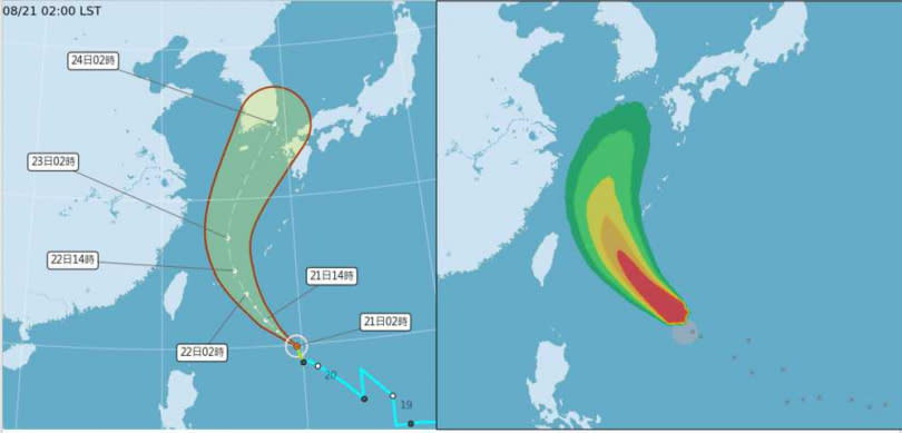 中央氣象局今（21日）2時「路徑潛勢預測圖」（左）及「暴風圈侵襲機率圖」（右）皆顯示，「奧麥斯」在台灣東南方海面，向西北進行，將在琉球附近大迴轉，通過台灣鄰近海域的機率低。（圖／翻攝自「三立準氣象· 老大洩天機」專欄）