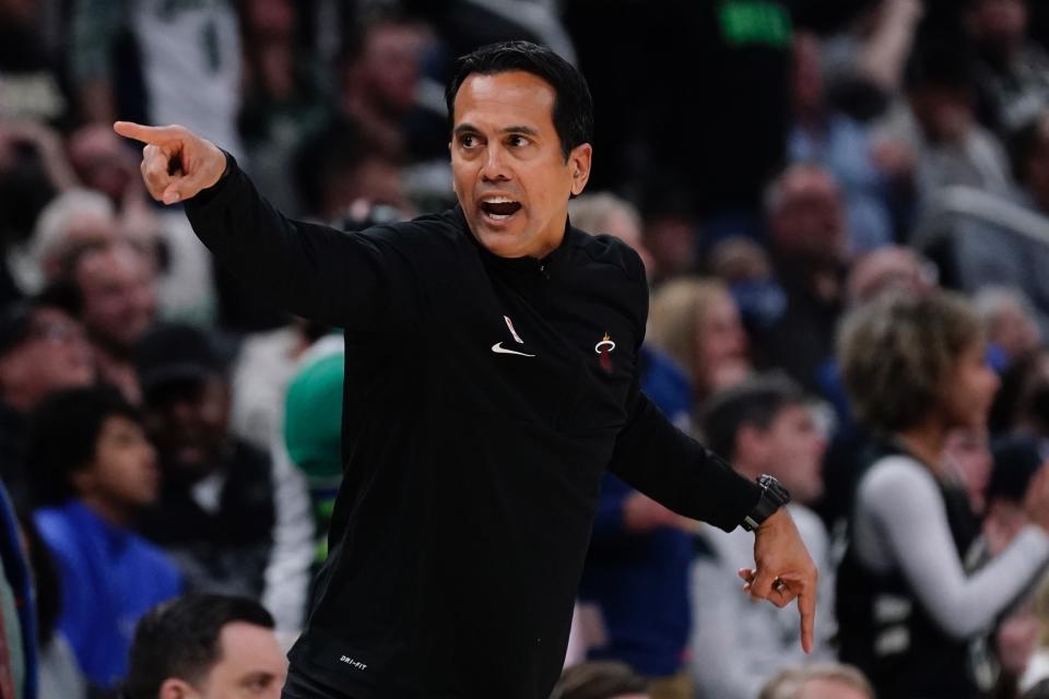 Miami Heat head coach Erik Spoelstra react during the first half of an NBA basketball game Wednesday, March 2, 2022, in Milwaukee . (AP Photo/Morry Gash)