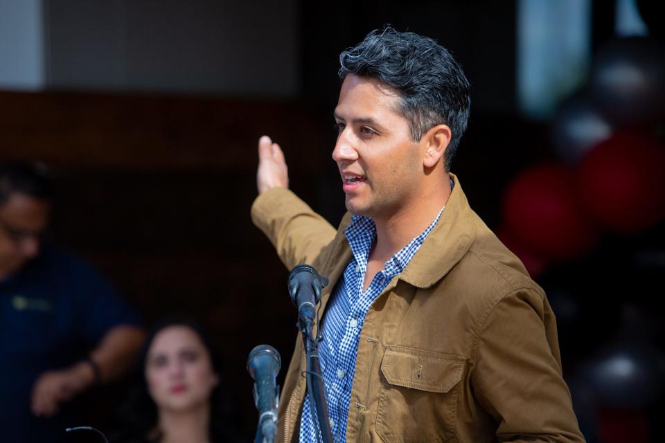 Andres Chavez, the grandson of American Labor and Civil Rights Activist Cesar Chavez, gives a speech during the grand opening of the Cesar Chavez Community Center in Laveen Village on March 30, 2023.