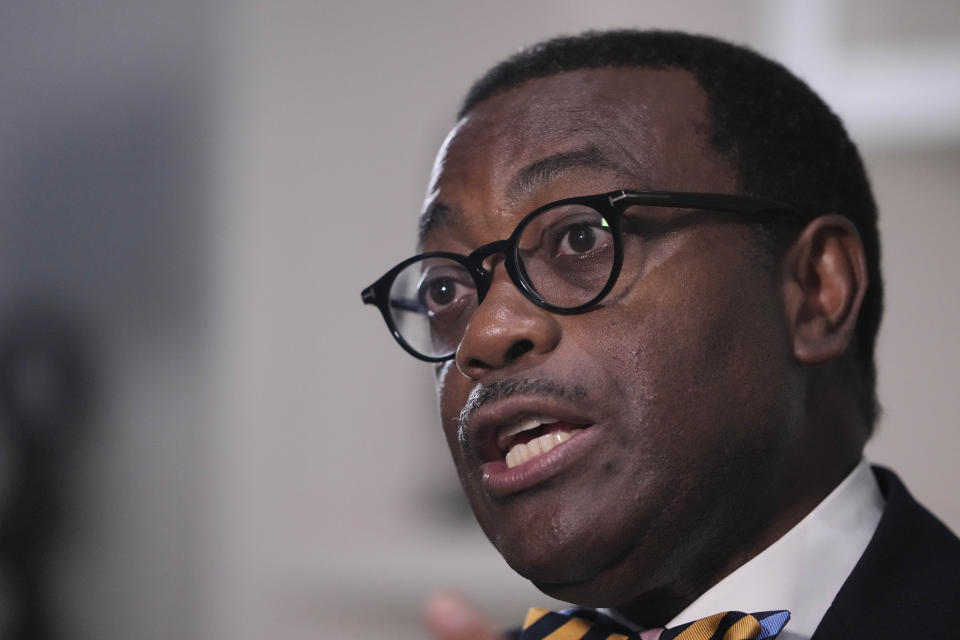 Akinwumi Adesina, President African development bank, speaks during an interview with The Associated Press in Lagos Nigeria, Tuesday , March. 5, 2024. The head of the African Development Bank is calling for an end to loans given in exchange for the continent's rich supplies of oil or critical minerals used in smartphones and electric car batteries, deals that have helped China control mineral mining in places like Congo and have left some African countries in financial crisis. (AP Photo/Sunday Alamba)