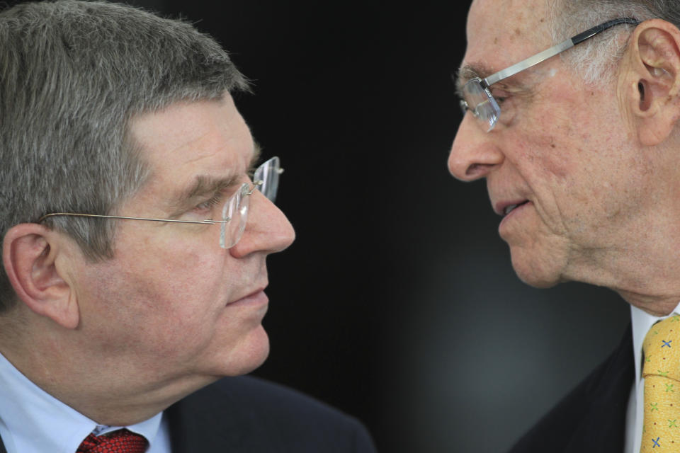 International Olympic Committee (IOC) President Thomas Bach, left, speaks with the President of Brazil's Olympic Committee Carlos Arthur Nuzman during a news conference after a meeting with Brazil's President Dilma Rousseff at Planalto palace in Brasilia, Brazil, Tuesday, Jan. 21, 2014. The city of Rio de Janeiro will host the Olympics in 2016. (AP Photo/Joel Rodrigues)