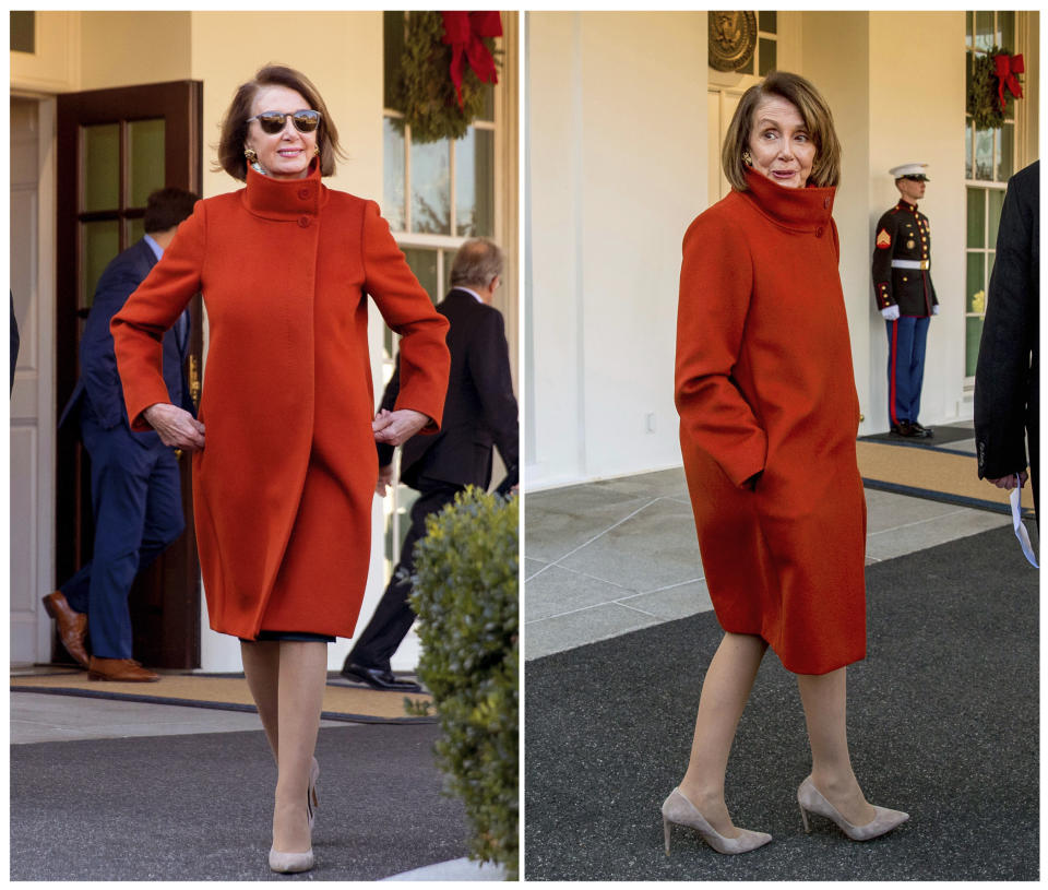 This combination photo shows House Minority Leader Nancy Pelosi wearing a Max Mara coat outside of the West Wing at the White House in Washington following a meeting with President Donald Trump about funding the border wall between the U.S. and Mexico. (AP Photo/Andrew Harnik)