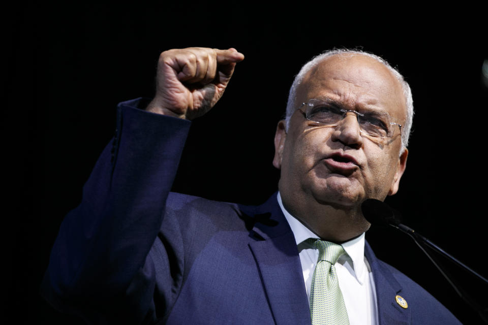 FILE - In this Oct. 28, 2019 file photo, Chief Palestinian negotiator Saeb Erekat speaks at the J Street National Conference, in Washington. Erekat on Monday, Oct. 19, 2020, was in critical condition and breathing with a ventilator after his coronavirus infection worsened overnight, said the Israeli hospital treating him. Hadassah Medical Center described Erekat's case as extremely challenging given his history of health problems, including a lung transplant performed in the United States three years ago. (AP Photo/Jacquelyn Martin, File)