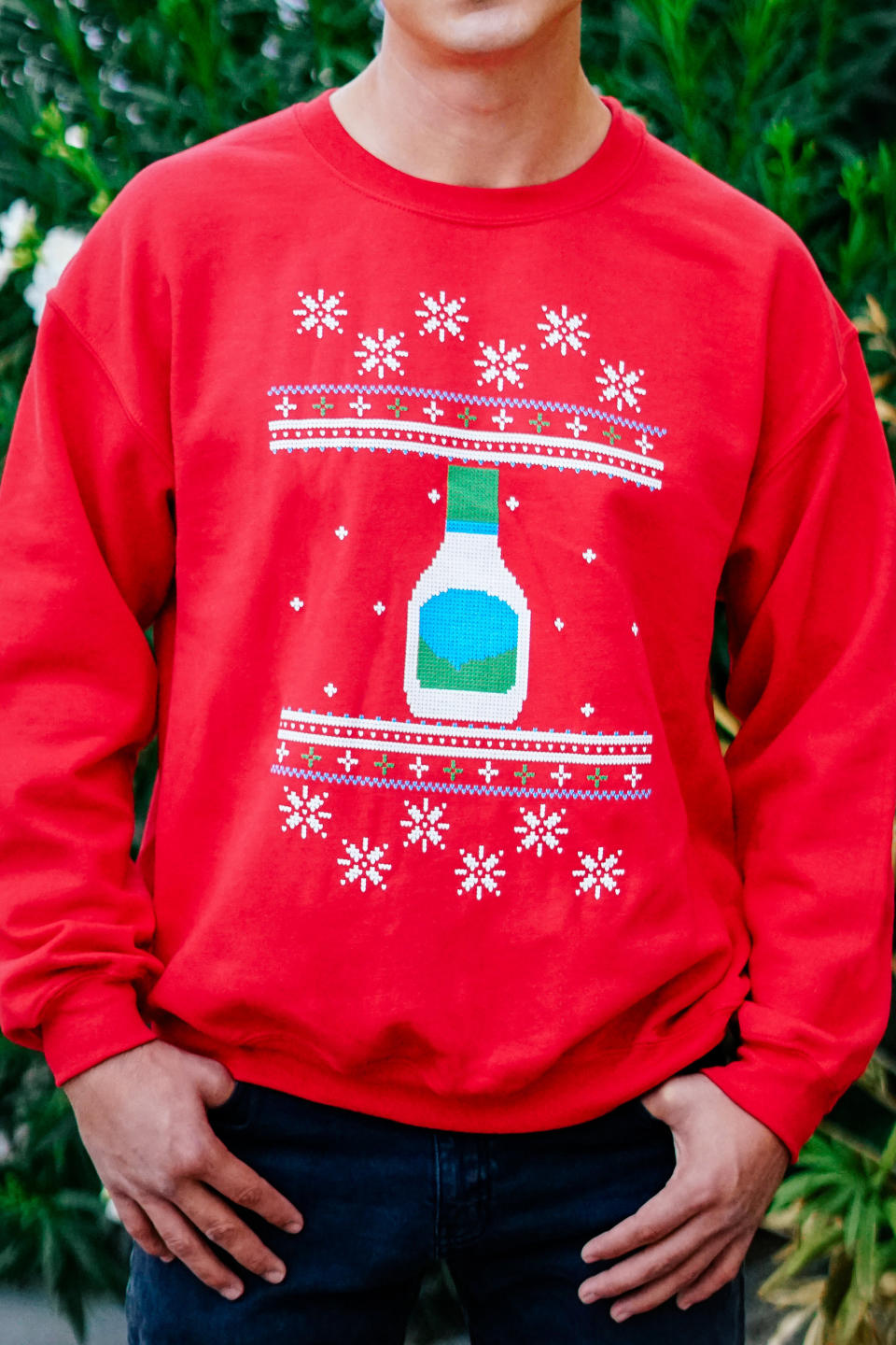 In recent years, companies have started using ugly Christmas sweaters to promote their product (and maybe a little peace and goodwill). I'm a purist: I want my ugly Christmas sweaters to actually be sweaters, not sweatshirts. Yes, sweaters are itchier, but a holiday sweater's itchiness is a feature, not a bug. Also, the patterns should cover the entire sweater, not just the middle. Amazingly, the actual <a href="https://www.flavourgallery.com/collections/hidden-valley-ranch/products/hidden-valley-holiday-sweater-unisex" target="_blank">Hidden Valley logo</a> on this sweatshirt seems to be hidden.