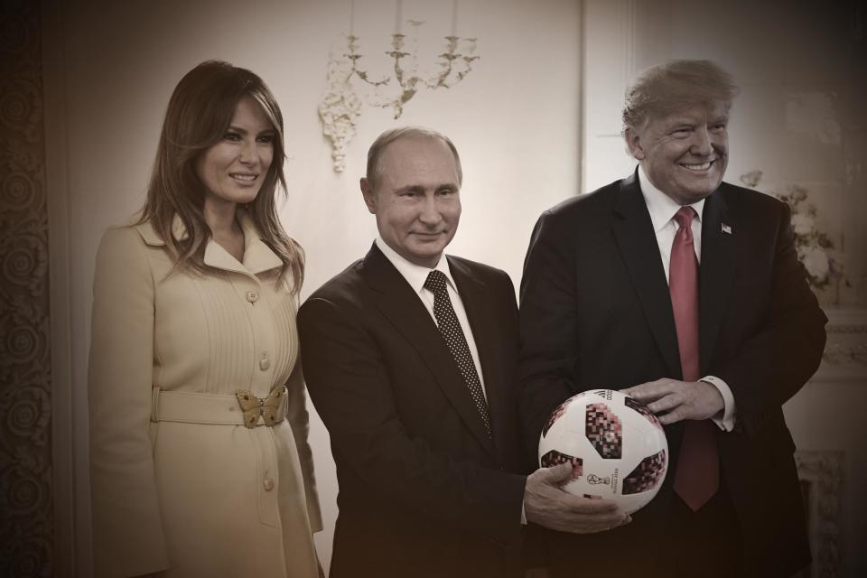 Russian President Vladimir Putin gives President Donald Trump a soccer ball from the World Cup as first lady Melania Trump joins them for photos on July 16 in Helsinki. (Photo: Illustration: HuffPost; Photo: Sputnik Photo Agency via Reuters)