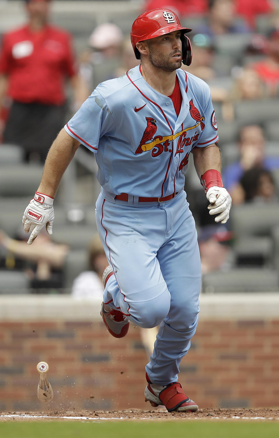 St. Louis Cardinals' Paul Goldschmidt watches his three-run home run hit off Atlanta Braves' Josh Tomlin during the fifth inning of the first baseball game of a doubleheader on Sunday, June 20, 2021, in Atlanta. (AP Photo/Ben Margot)