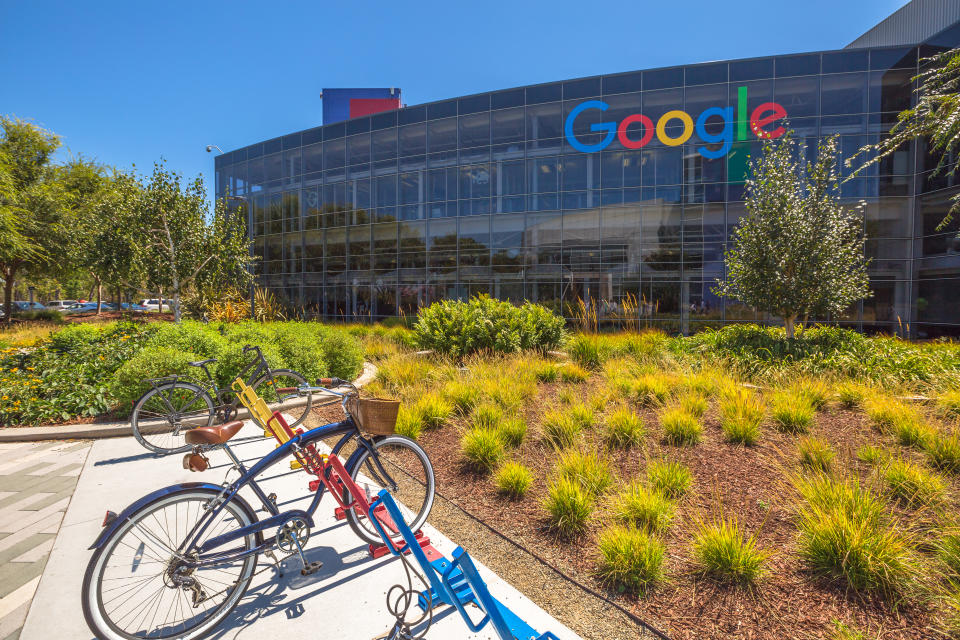 Mountain View, CA, United States - August 15, 2016: bikes used by Google employees to move around the Googleplex. Google is a multinational corporation specializing in Internet services and products.