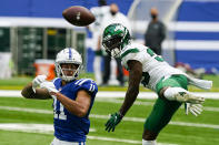 New York Jets cornerback Pierre Desir (35) breaks a a pass to Indianapolis Colts wide receiver Michael Pittman (11) in the first half of an NFL football game in Indianapolis, Sunday, Sept. 27, 2020. (AP Photo/Darron Cummings)