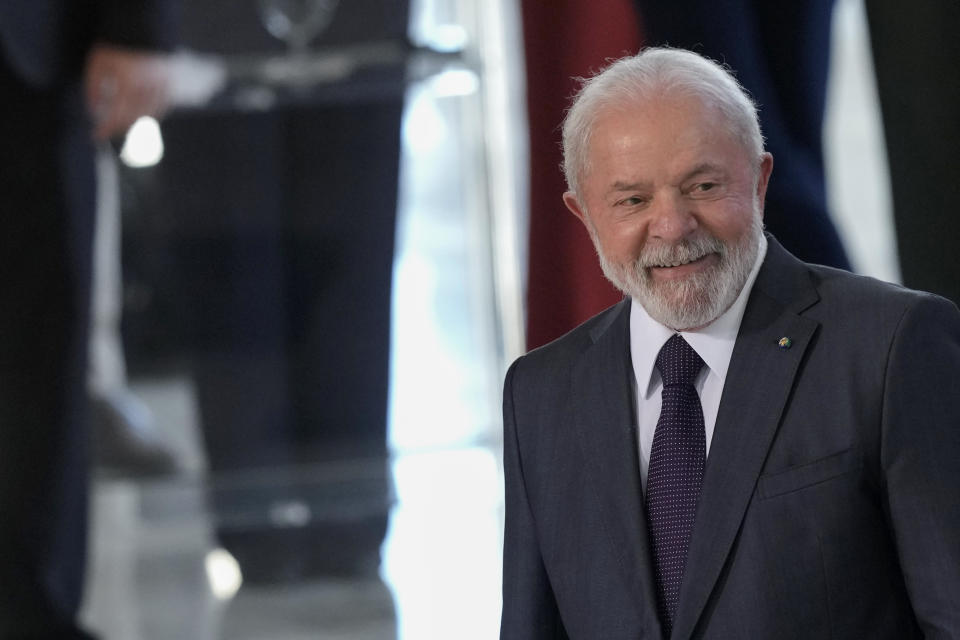 FILE - Brazil's President Luiz Inacio Lula da Silva attends a military promotion ceremony, in Brasilia, Brazil, Tuesday, April 4, 2023. Brazil's President flew off to China on Tuesday to strengthen ties with his nation's biggest trade partner and win support for his long-shot push for peace in Ukraine. China and Brazil are expected to sign at least 20 bilateral agreements during Lula's two-day stay, according to the presidential palace. He will visit Shanghai and Beijing, and meet his counterpart Xi Jinping on Apr. 14. (AP Photo/Eraldo Peres, File)