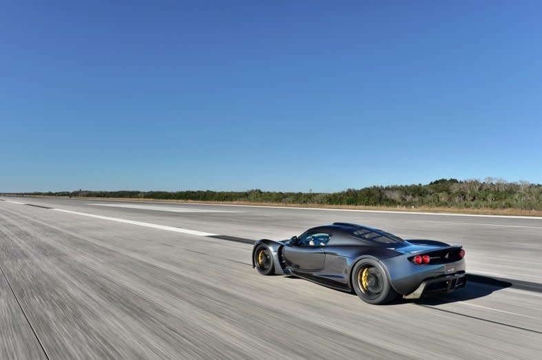 The Hennessey Venom GT seen in February 2014 at the Kennedy Space Center. The Venom reached a top speed of 270.49 mph, making it the world's fastest production car. 