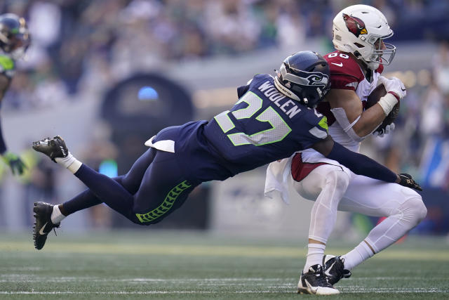 Seattle Seahawks defensive back Tariq Woolen is pictured during an NFL  football game against the Atlanta Falcons, Sunday, Sept. 25, 2022, in  Seattle. The Falcons won 27-23. (AP Photo/Stephen Brashear Stock Photo -  Alamy