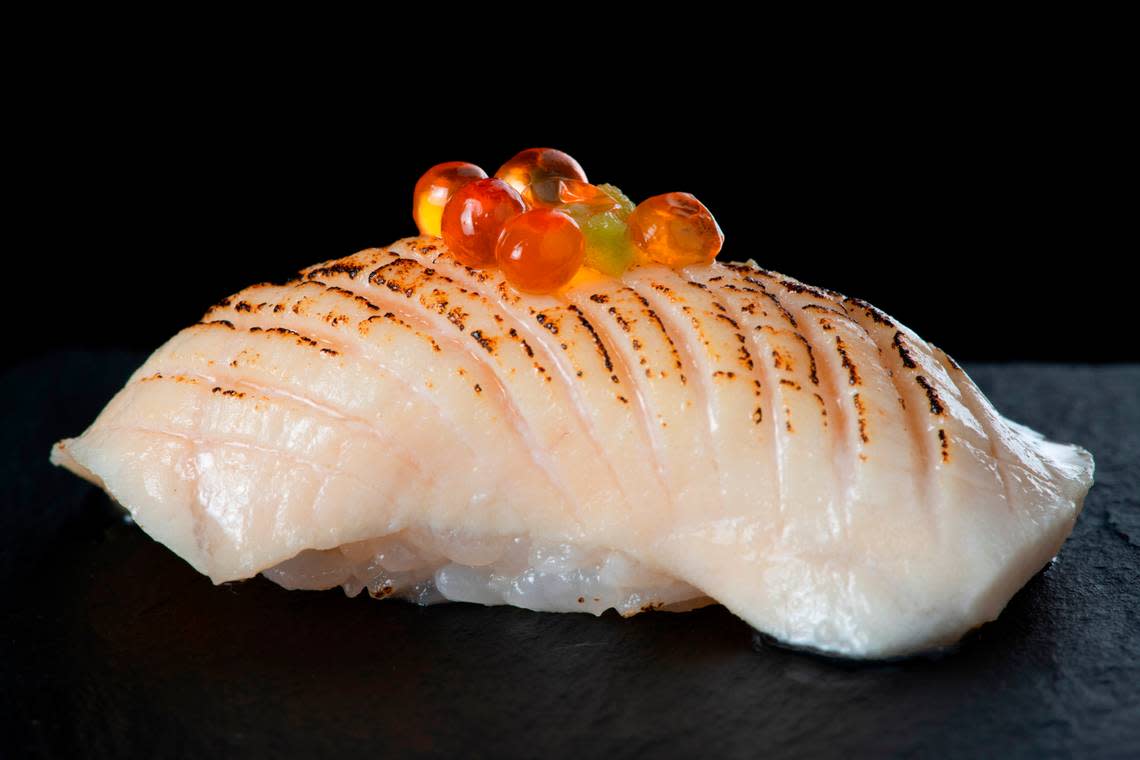 Wild-caught Korean escolar with wasabi and salmon caviar is on the menu at Sushi by Scratch, now open in Coconut Grove.