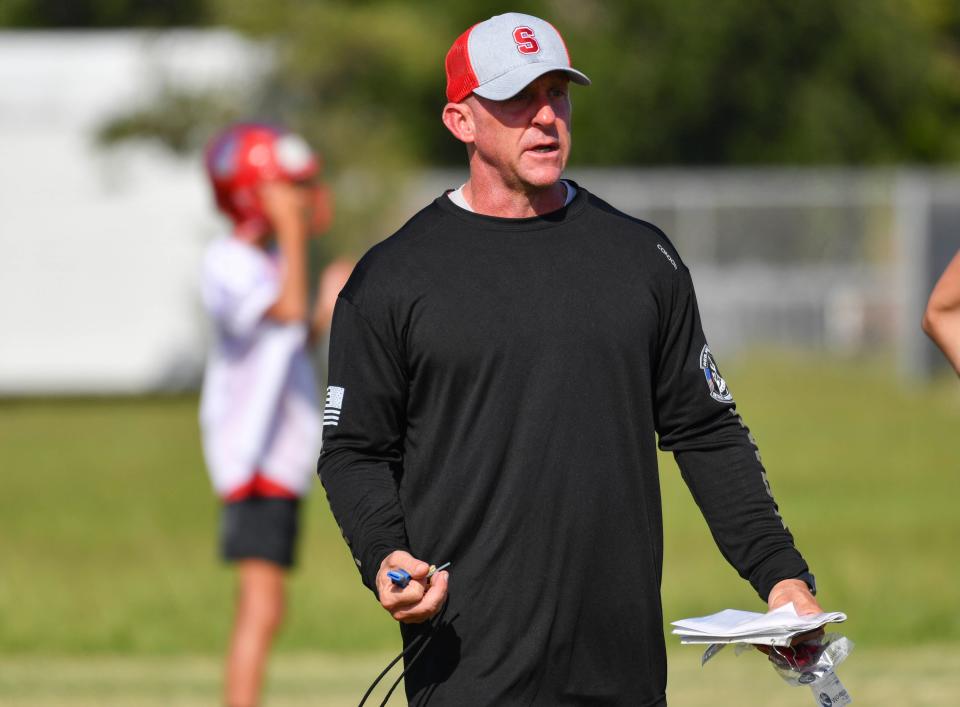 Satellite football head coach Brian Helton directs his players  during practice Tuesday, August 2, 2022. Craig Bailey/FLORIDA TODAY via USA TODAY NETWORK