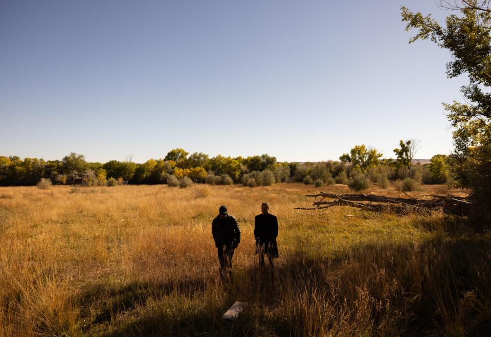 Bryant “Dragon” Arnold, head of security at Skinwalker Ranch, and the property’s owner, Brandon Fugal, walk through the ranch in rural Uintah County on Thursday, Oct. 5, 2023. | Spenser Heaps, Deseret News
